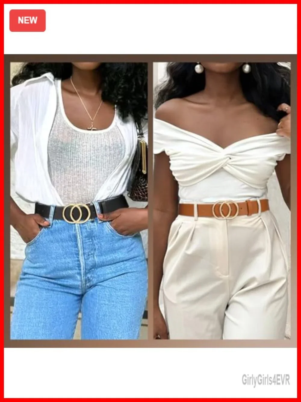 2 Pack Women Faux Leather Belts Double O Ring Gold Buckle